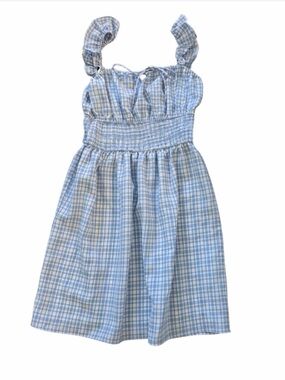 Wayf Light Blue Plaid Smocked Mini Dress